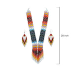 Close-up detail of geometric diamond pattern and seed bead weaving on the handcrafted statement necklace