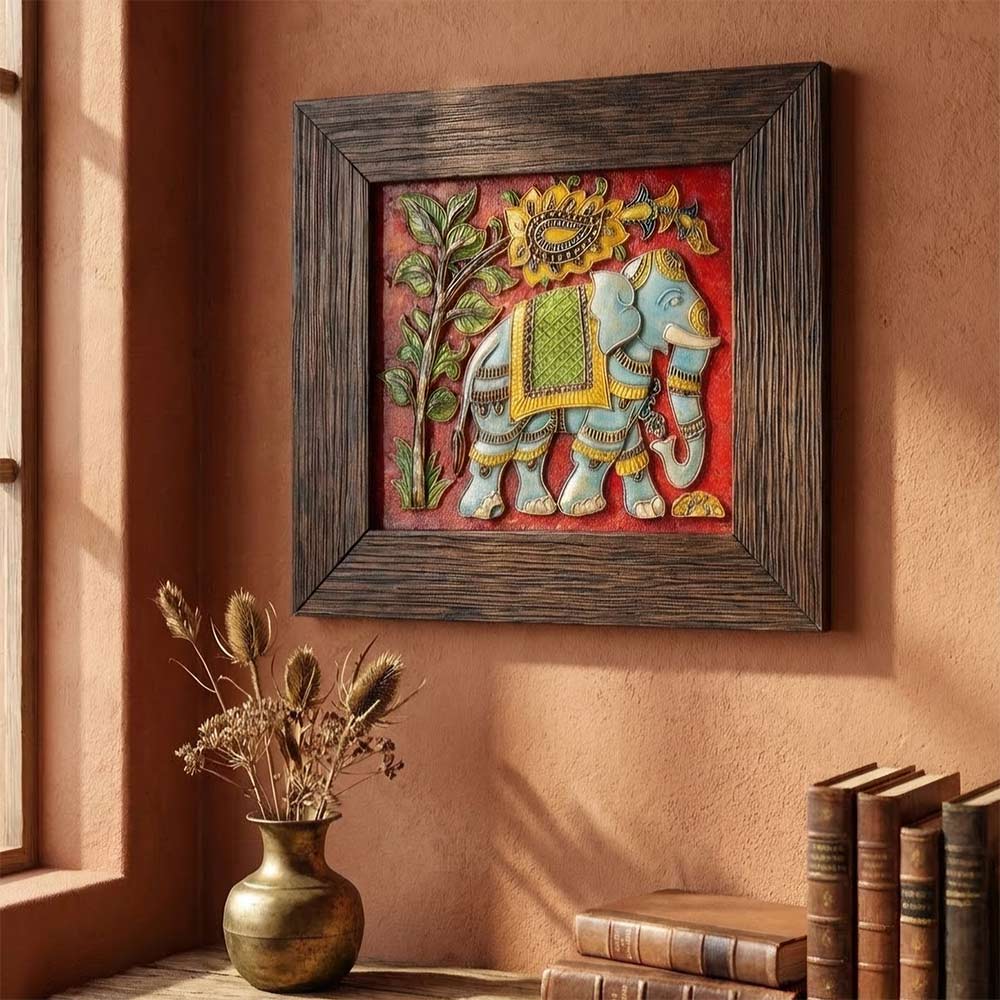 Detailed close-up view of the artisanal elephant motif on the stone painting.