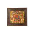 Front view of a handcrafted stone painting featuring an Indian elephant design inside a dark wood frame