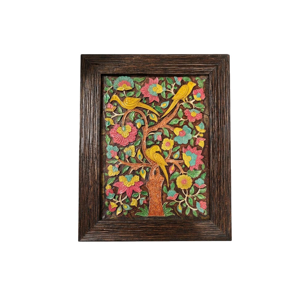 Handcrafted embossed stone painting featuring a vibrant Tree of Life and birds in a dark wooden frame, front view