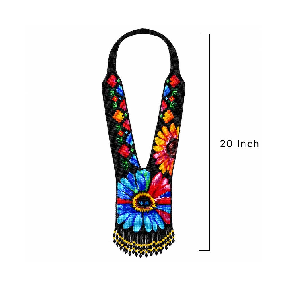 Detail view of the floral beadwork and fringe on the handcrafted beaded necklace.