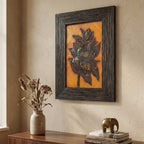 Close-up detail of the 3D floral relief sculpture and rustic textured background of the stone painting.
