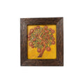 Front view of a rectangular stone painting featuring a floral tree sculpture in a rustic dark wood frame
