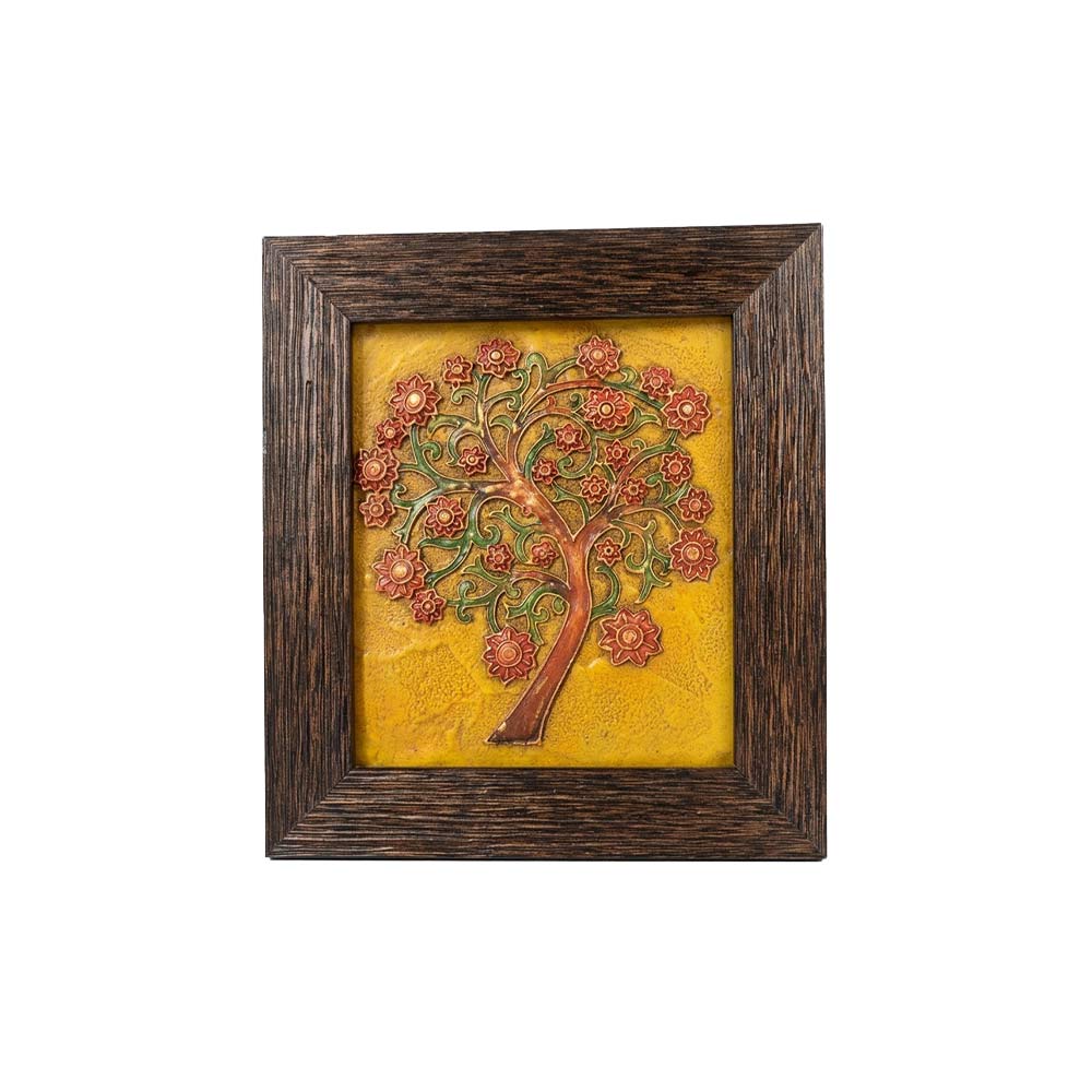 Front view of a rectangular stone painting featuring a floral tree sculpture in a rustic dark wood frame