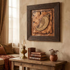 Detail view of the intricate stone textured background and golden embossed symbols on the Shankh wall art.