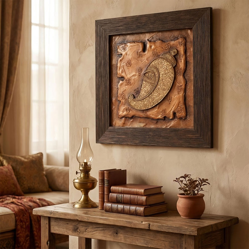 Detail view of the intricate stone textured background and golden embossed symbols on the Shankh wall art.