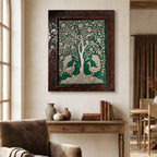 Detail view of the intricate embossed stone relief art and ornate wooden frame texture.