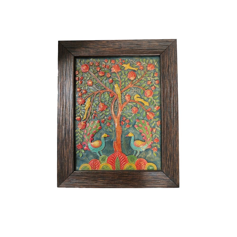 Front view of a rectangular handcrafted stone painting featuring a colorful peacock and Tree of Life relief design in a rustic dark wooden frame.