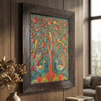 Detail view of the colorful relief texture and intricate hand-painted stone surface of the peacock wall art piece.