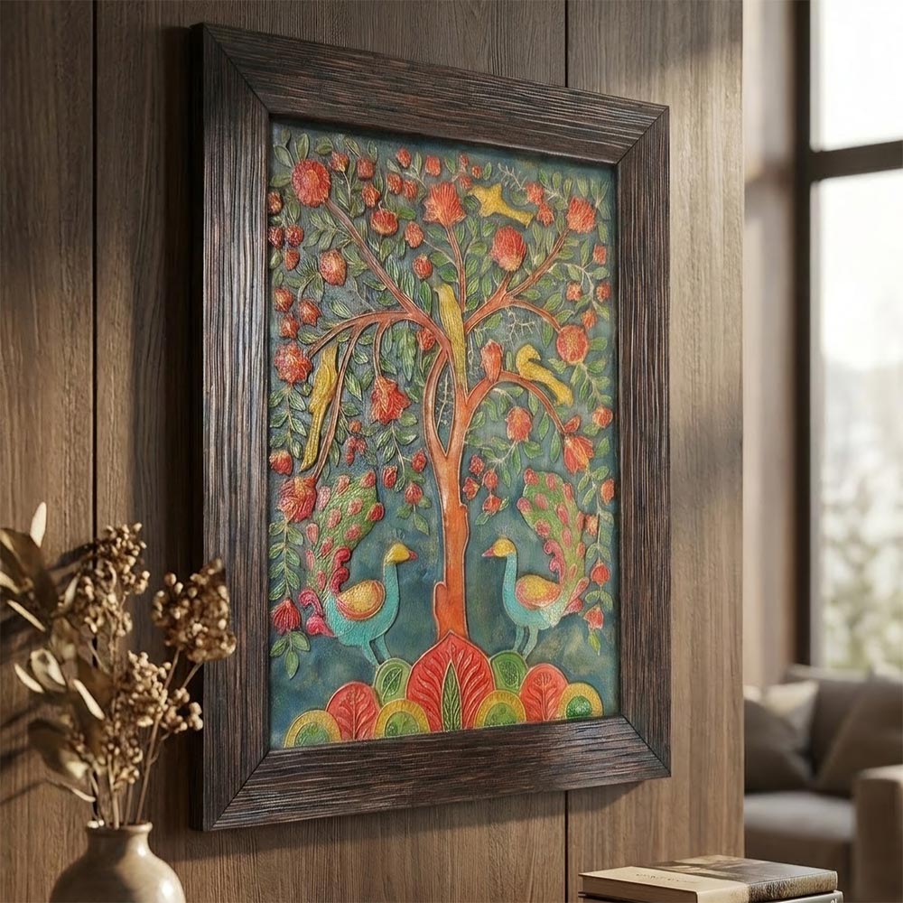 Detail view of the colorful relief texture and intricate hand-painted stone surface of the peacock wall art piece.
