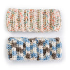 Two handmade crochet ear warmer headbands, one pastel confetti and one blue multi-color