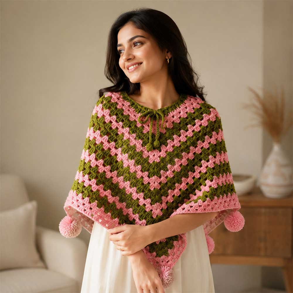 Model wearing the handcrafted olive green and pink crochet poncho with pom-poms