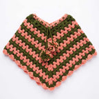 Handmade olive and pink granny square crochet poncho, front view