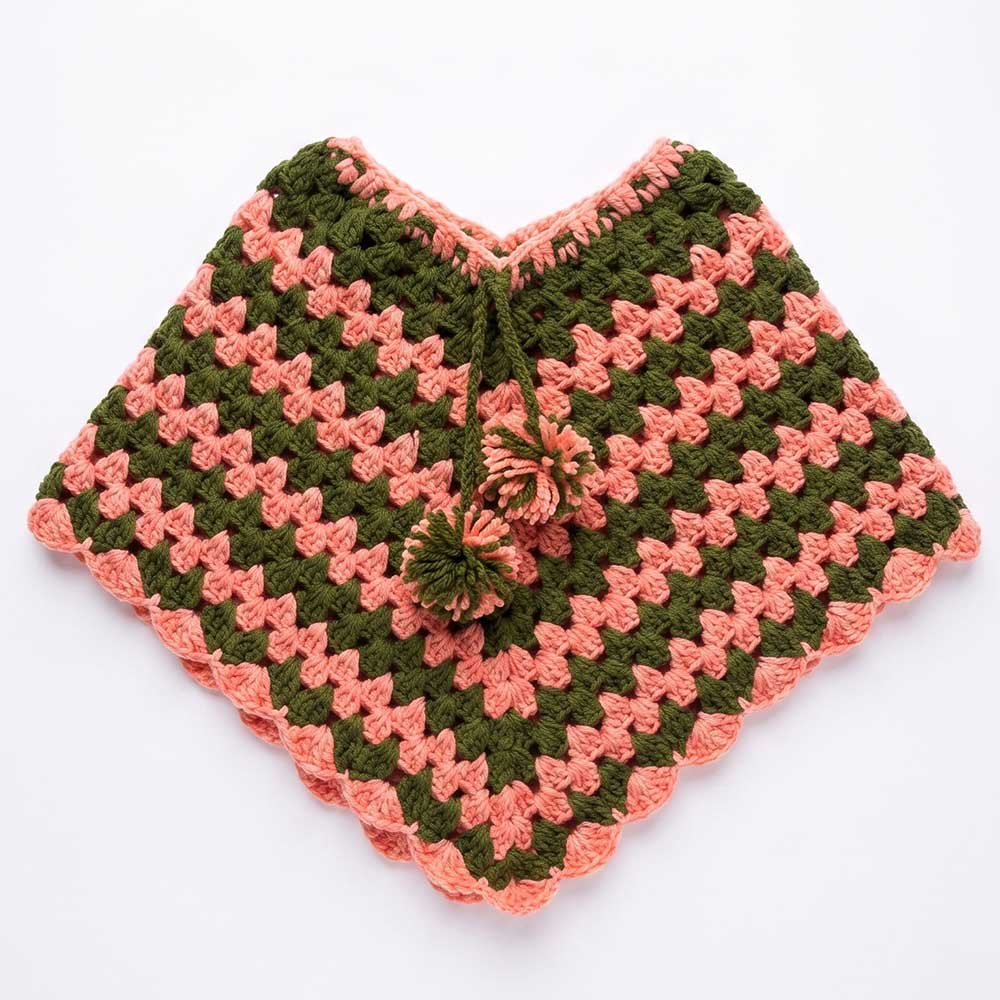 Handmade olive and pink granny square crochet poncho, front view