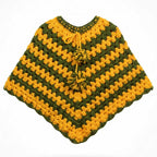 Handmade olive and yellow granny square crochet poncho, front view