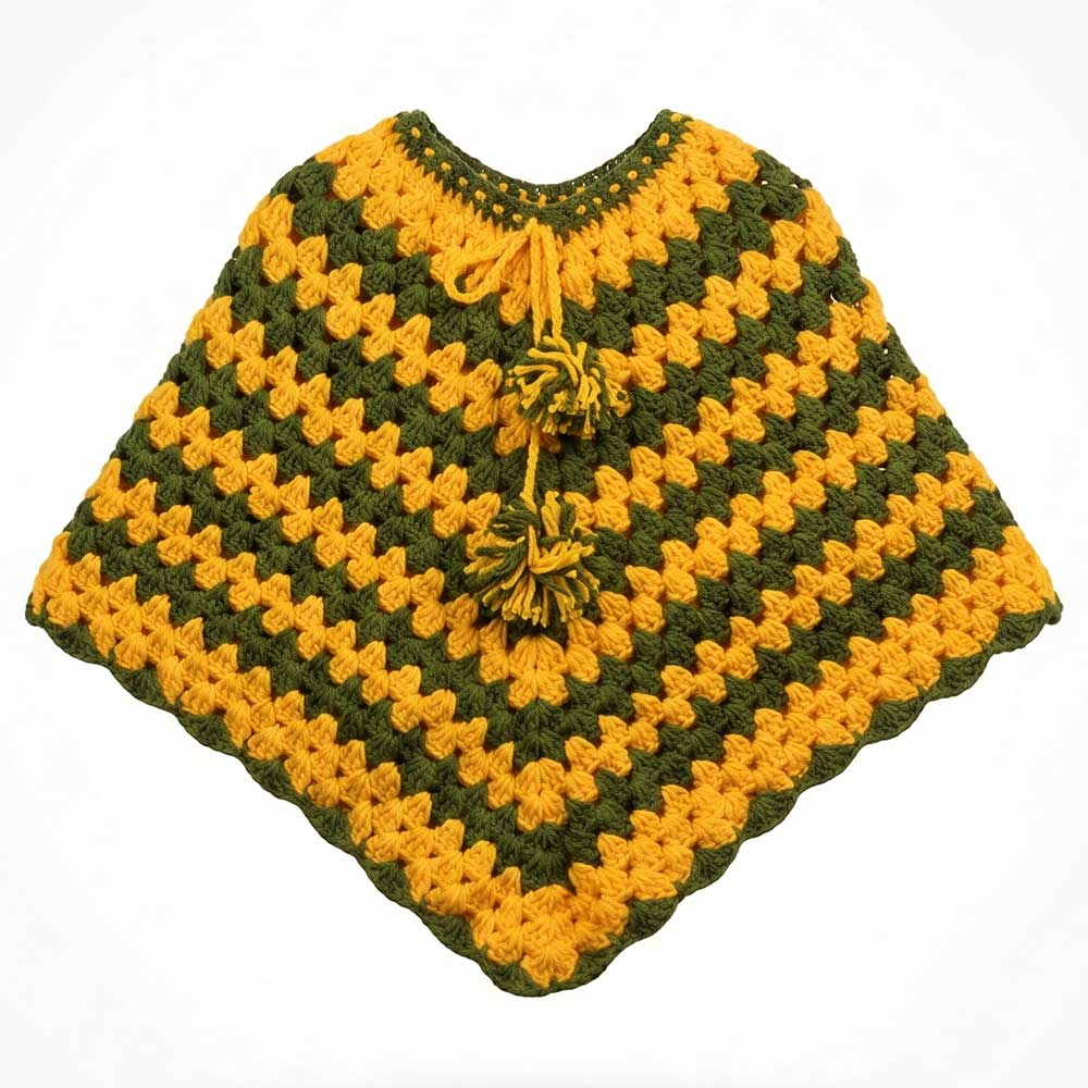 Handmade olive and yellow granny square crochet poncho, front view