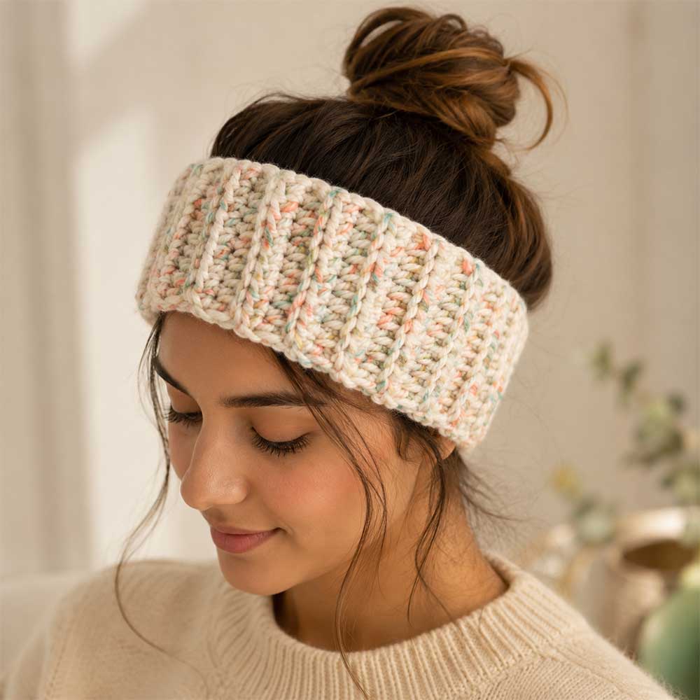 Woman wearing a handmade pastel confetti colored ribbed knit ear warmer headband