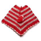 Handmade red and beige granny square crochet poncho, front view