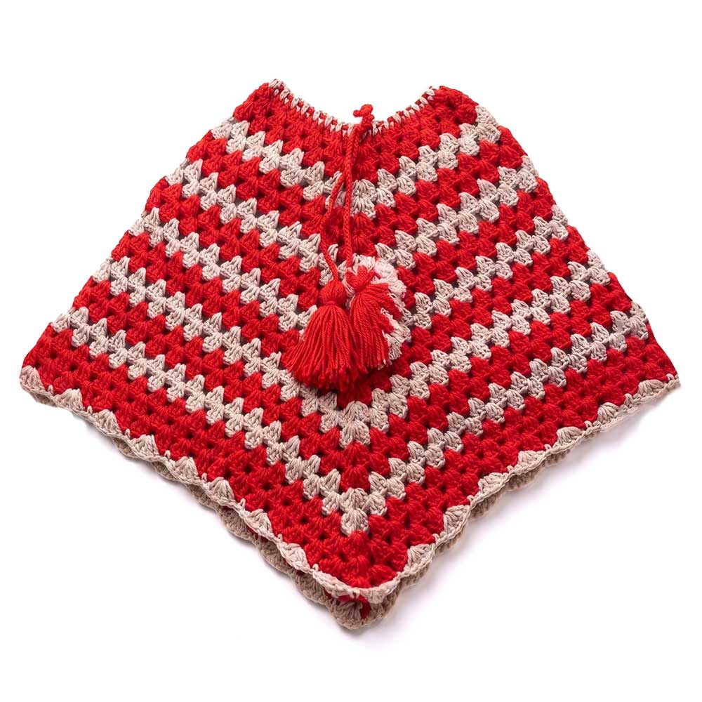 Handmade red and beige granny square crochet poncho, front view