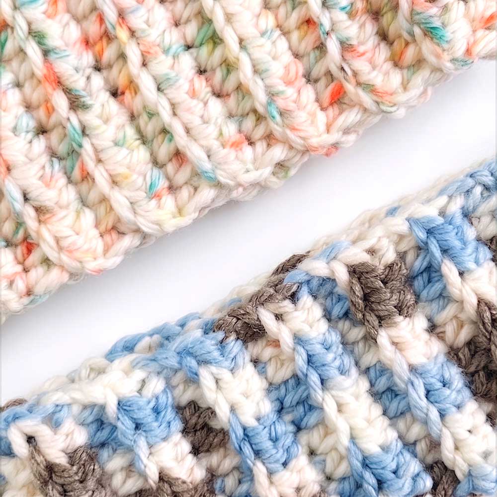 Close up detail of the textured ribbed knit pattern on the blue and pastel crochet headbands