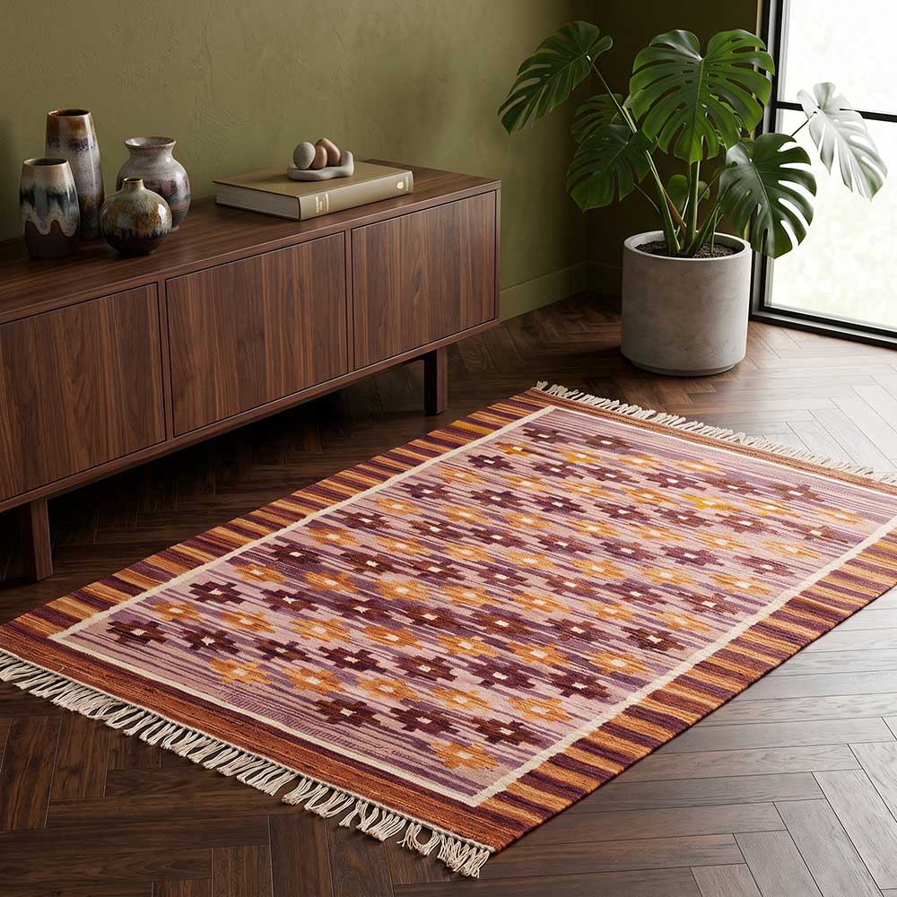 Angle view showcasing the weave quality and color depth of the Mirzapur Kilim rug.