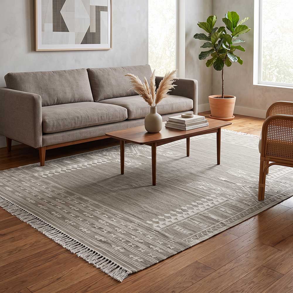 Detailed shot of the woven fringe and border design on the corner of the Mirzapur area rug.
