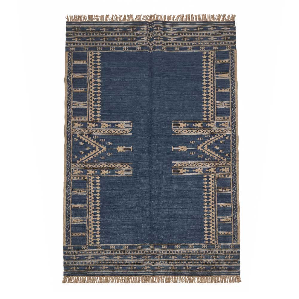 Full overhead view of a rectangular Mirzapur wool area rug in navy blue with natural geometric patterns and fringe edges.