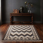 Angled view showing the texture and weave quality of the handcrafted Mirzapur geometric wool rug.