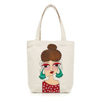 Quirky Hand-Painted Lady Portrait Canvas Tote Bag