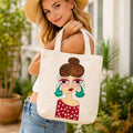 Quirky Hand-Painted Lady Portrait Canvas Tote Bag