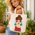 Quirky Hand-Painted Lady Portrait Canvas Tote Bag