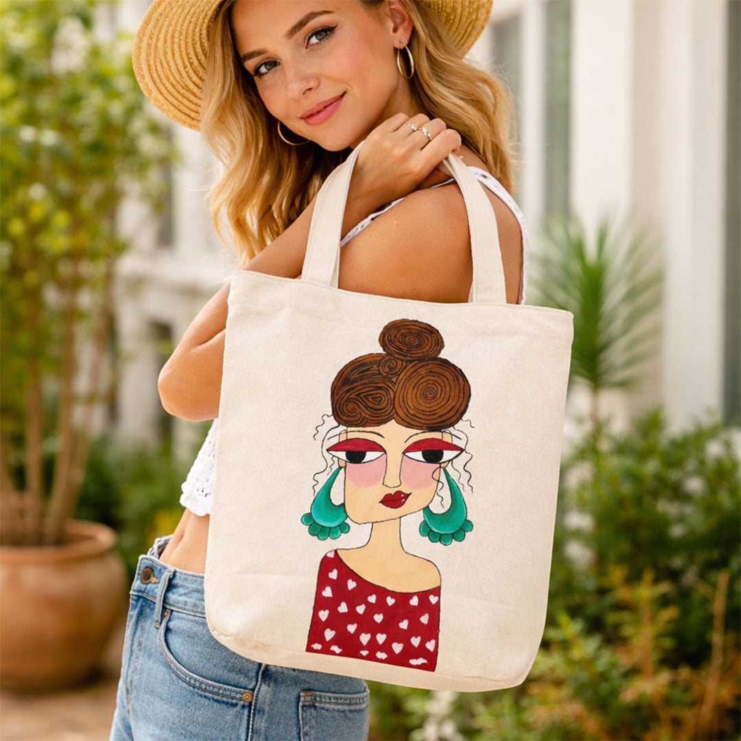 Quirky Hand-Painted Lady Portrait Canvas Tote Bag