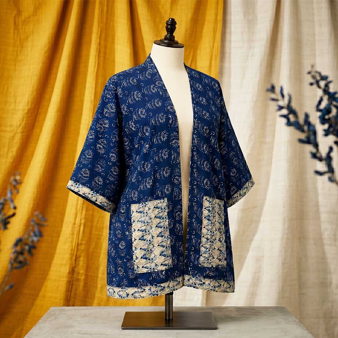 Indigo Block Print Handmade Overcoat - Artisanal Layering Jacket