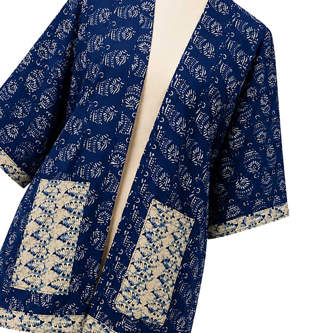 Indigo Block Print Handmade Overcoat - Artisanal Layering Jacket