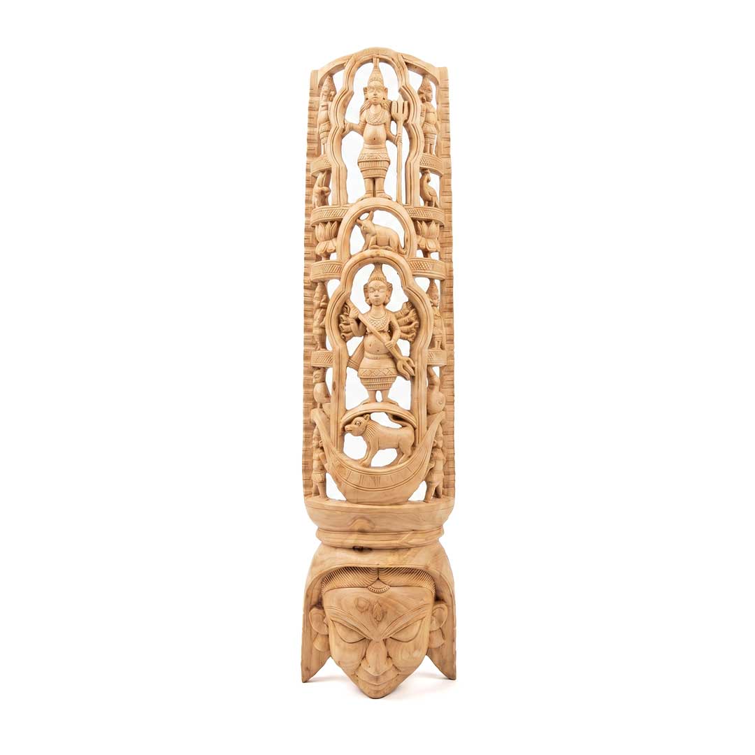 Hand-Carved Gamari Wood Mask with Intricate Sacred Headdress