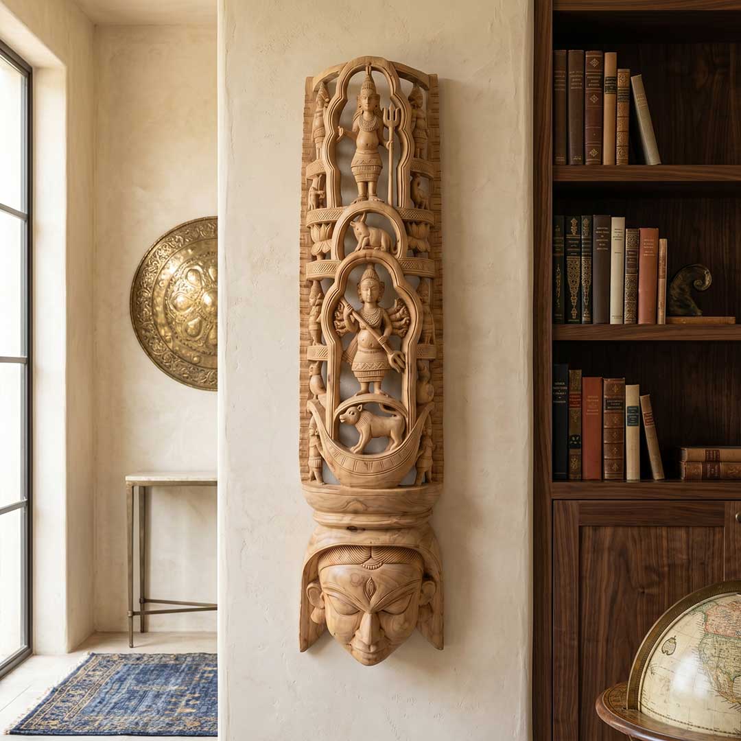 Hand-Carved Gamari Wood Mask with Intricate Sacred Headdress