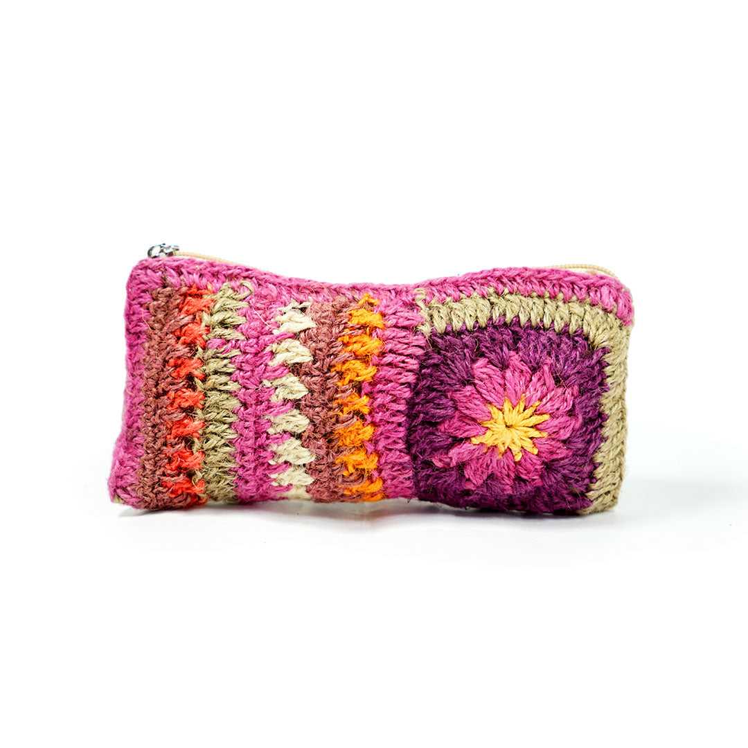 Handmade Jute Crochet Zipper Pouch - Multi-color Floral Design