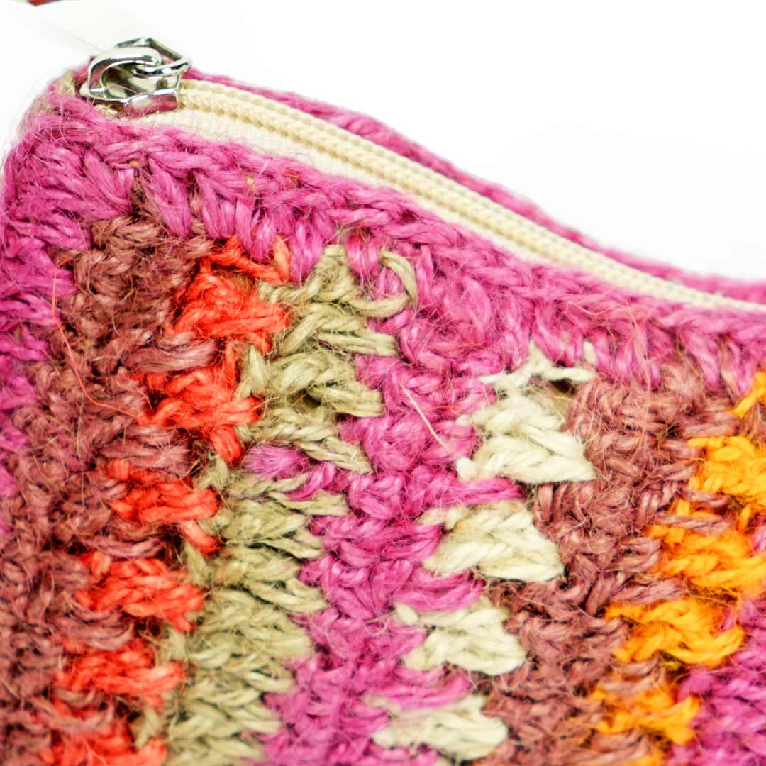 Handmade Jute Crochet Zipper Pouch - Multi-color Floral Design