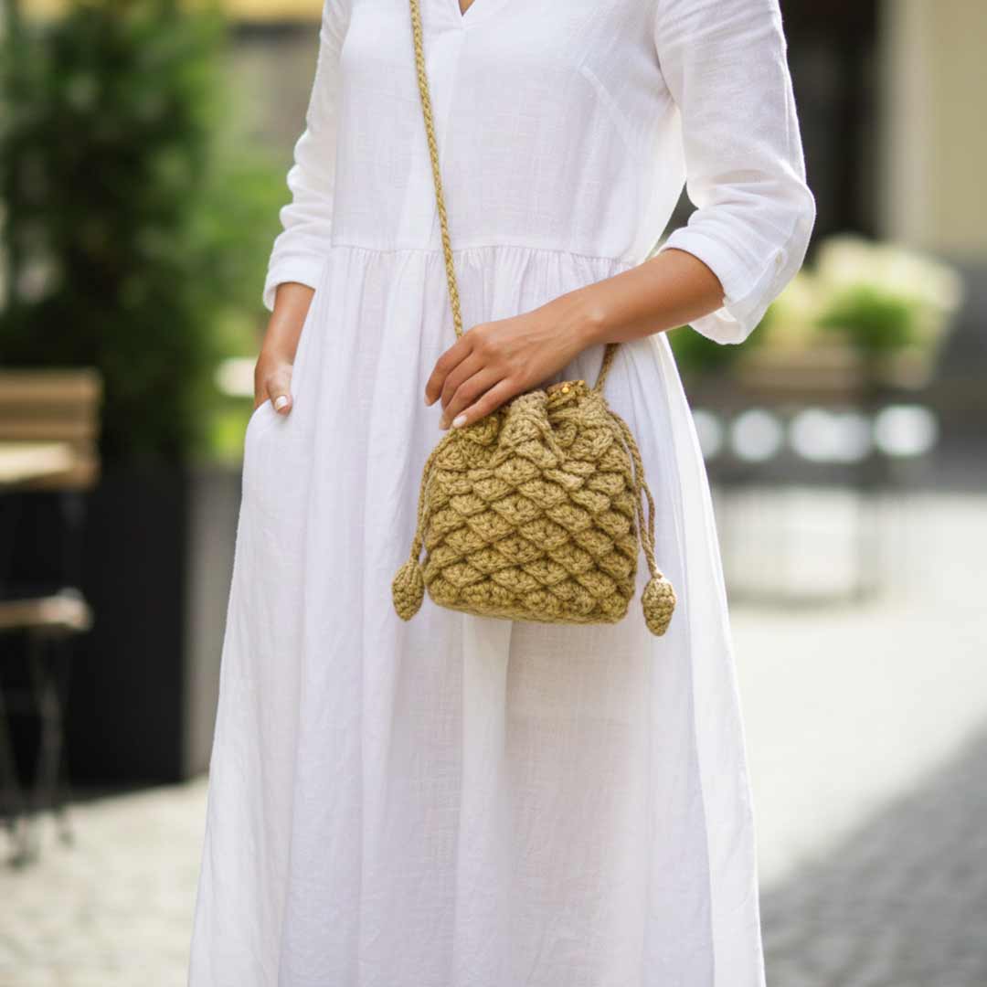 Jute Drawstring Crossbody Bag | Crocheted Design