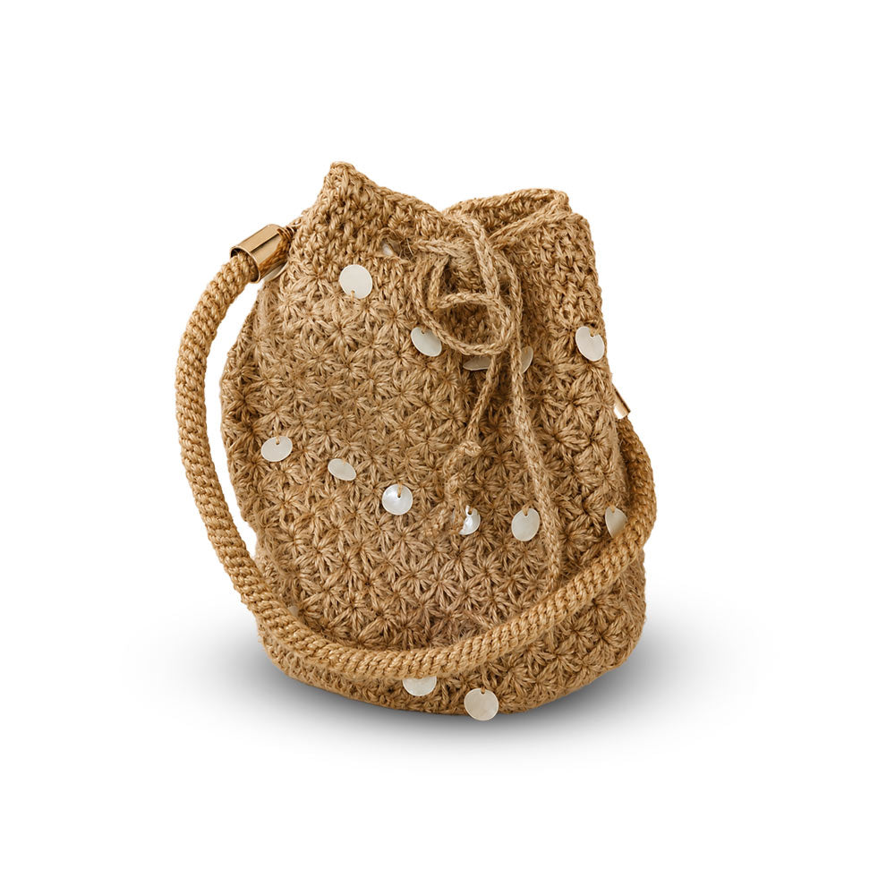 Hand-Woven Jute Star Stitch Bucket Bag with Shell Details