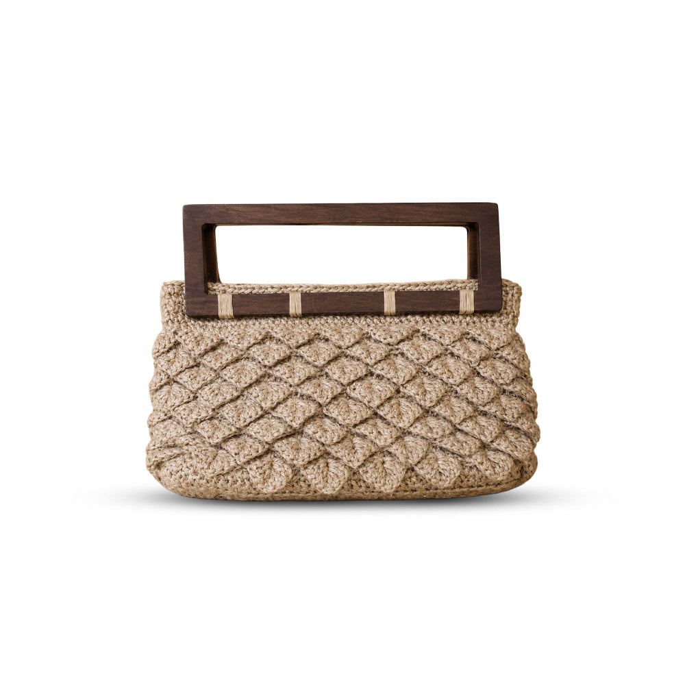 Hand-Woven Jute Scale Pattern Clutch with Wooden Handle