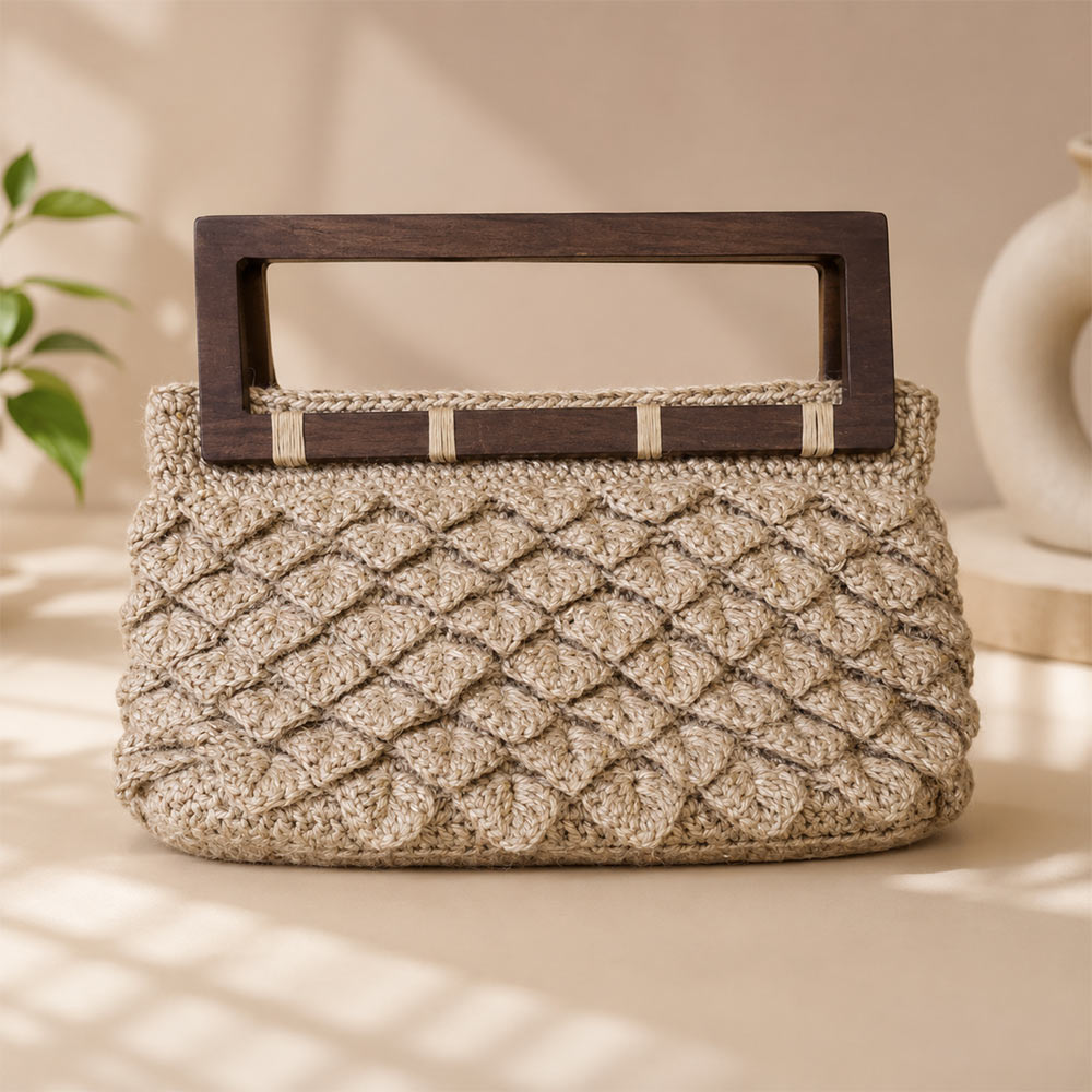 Hand-Woven Jute Scale Pattern Clutch with Wooden Handle