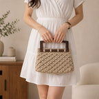 Hand-Woven Jute Scale Pattern Clutch with Wooden Handle