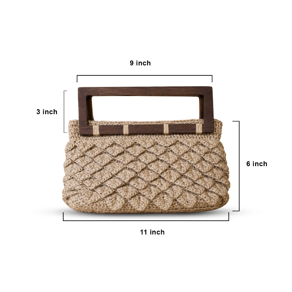 Hand-Woven Jute Scale Pattern Clutch with Wooden Handle