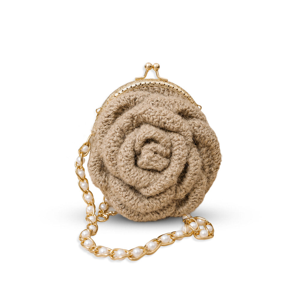 Hand-Woven Jute Rose Petal Clutch with Pearl Chain
