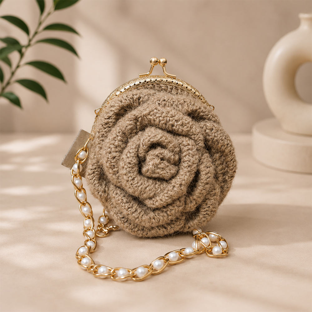 Hand-Woven Jute Rose Petal Clutch with Pearl Chain
