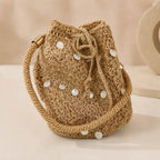 Hand-Woven Jute Star Stitch Bucket Bag with Shell Details