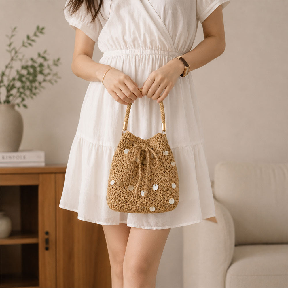 Hand-Woven Jute Star Stitch Bucket Bag with Shell Details