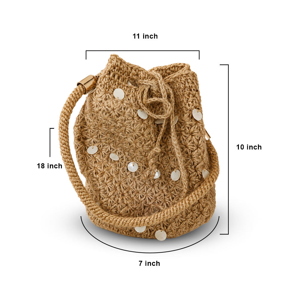 Hand-Woven Jute Star Stitch Bucket Bag with Shell Details