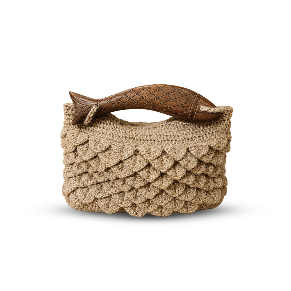 Hand-Woven Jute Fish Handle Bag with Scalloped Texture
